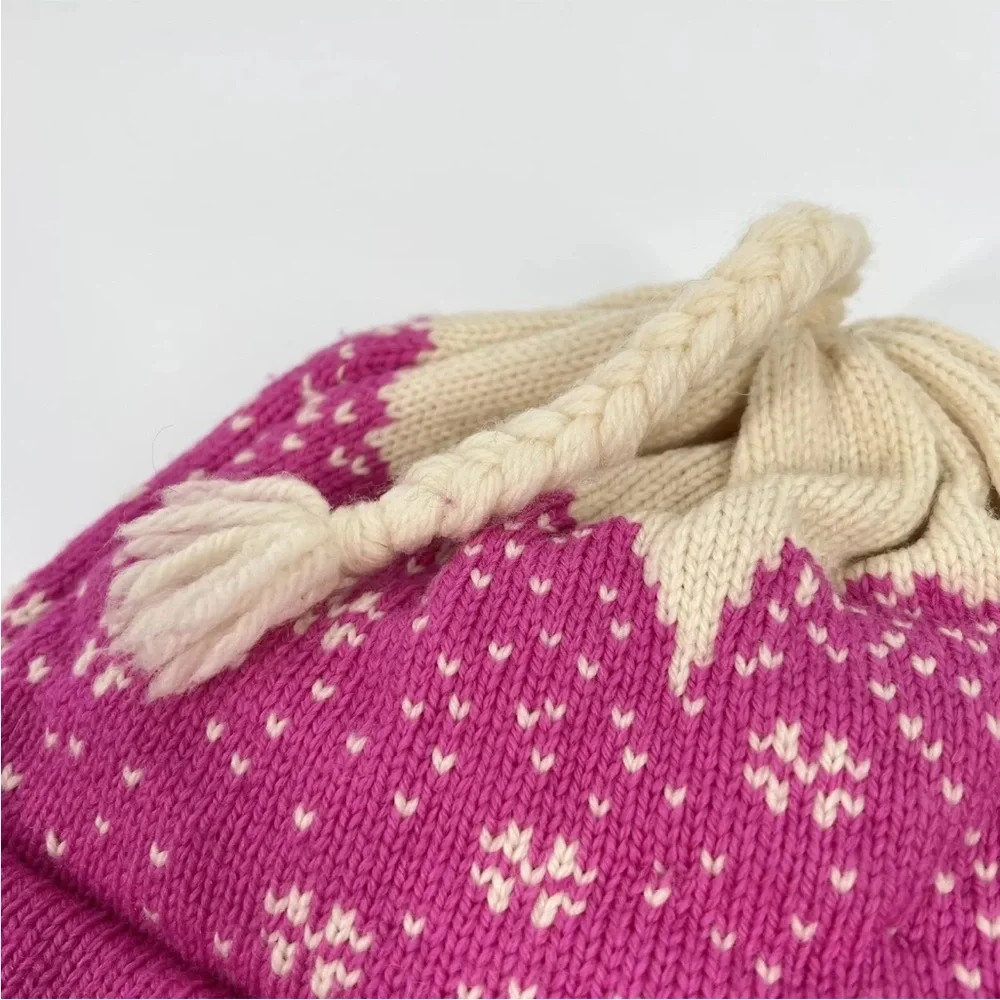 Vintage Ski Hat Pink Fairisle Knit Earflaps Wool Blend Vermont Needlecrafts USA